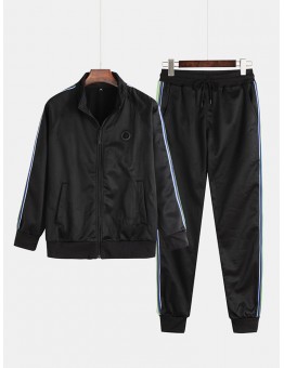 Mens Fashion Patchwork Printing Line Two Pieces Long Sleeve Elastic Sports Training Suits