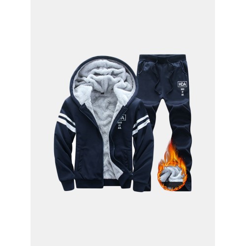 Mens Sports Set Thicken Hooded Winter Coat Sportswear Running Suit Zip Up Hoodies