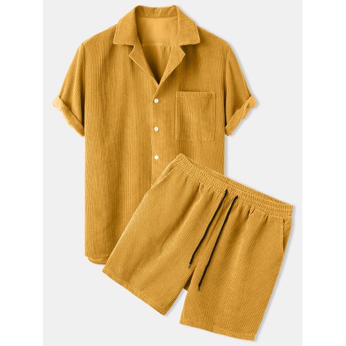Mens Thin Corduroy Solid Patch Pocket Breathable Short Sleeve Shirt & Shorts