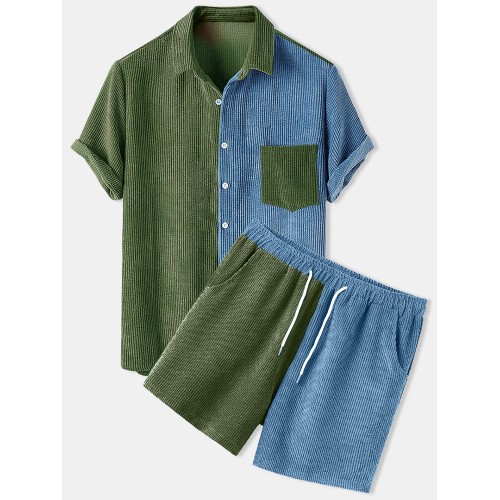 Mens Patchwork Corduroy Designed Casual Loose Drawstring Waist Suits