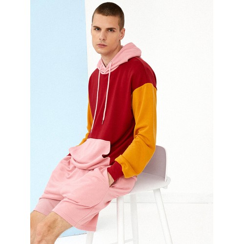 Mens Patchwork Color Block Casual Two Pieces Hoodies Shorts Lounge Sets