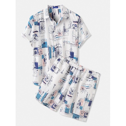 Mens Printed Hawaii Loose Sets Short Sleeve Drawstring Shorts Holiday Two Pieces