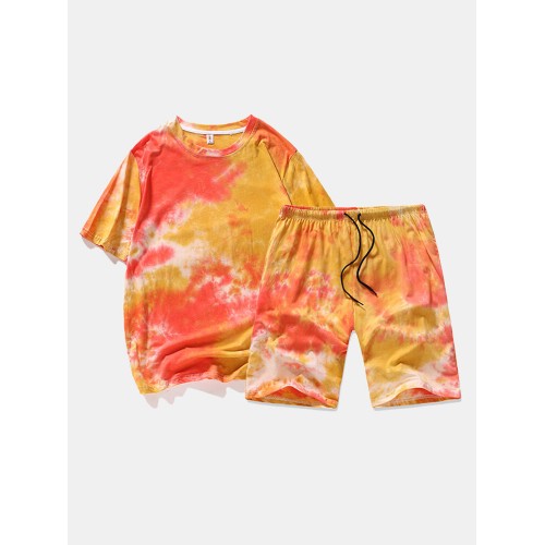 Mens Tie-Dye Print Cotton Breathable Drawstring Shorts Casual Two Pieces Outfits