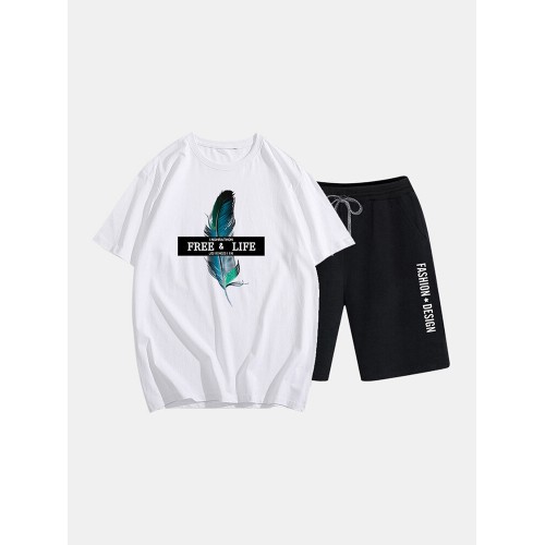 Mens Two Piece 100% Cotton Graphic Printed Sport Casual Drawstring Loungewear Set