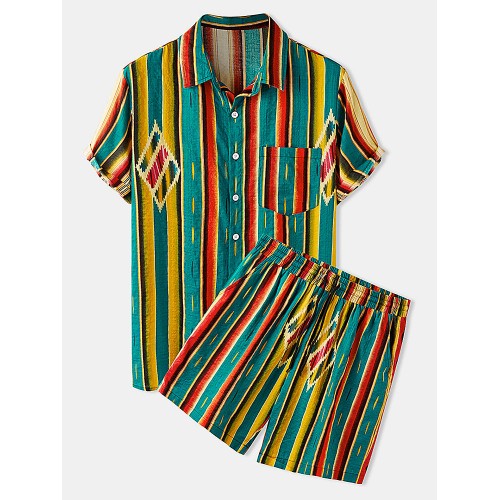 Mens Thin & Breathable Cotton Colorful Stripe Holiday Summer Two Pieces Sets