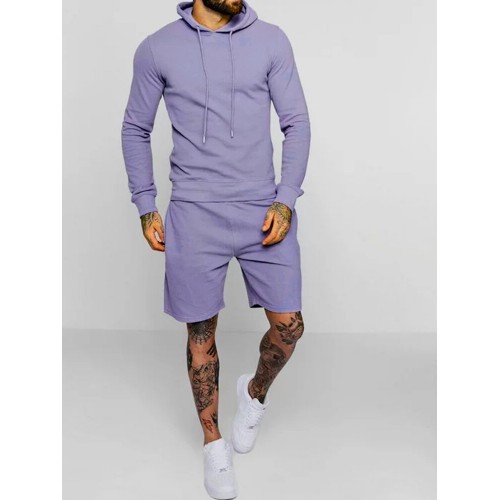 Mens Solid Drawstring Hoodie Shorts Cotton Two Pieces Sport Casual Sets