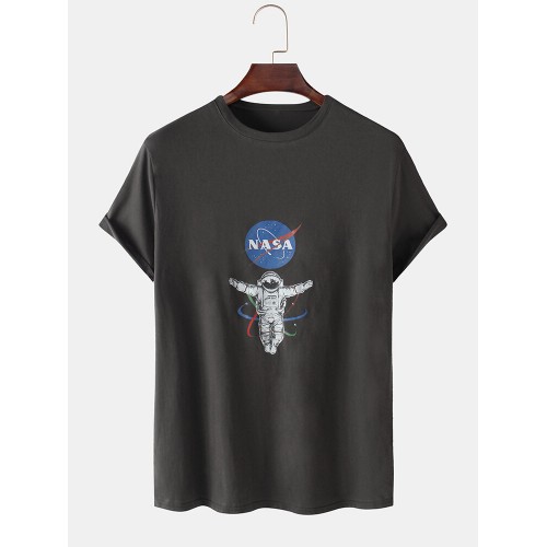 Mens NASA Astronaut Chest Print Solid Color Loose Light O-Neck T-Shirts