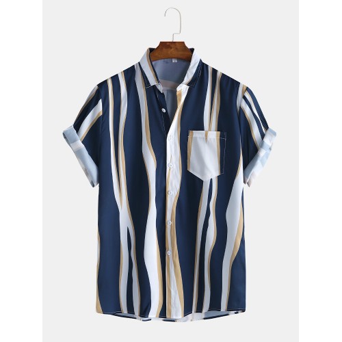 Mens Plain Color Striola Chest Pocket Casual Short Sleeve Shirts