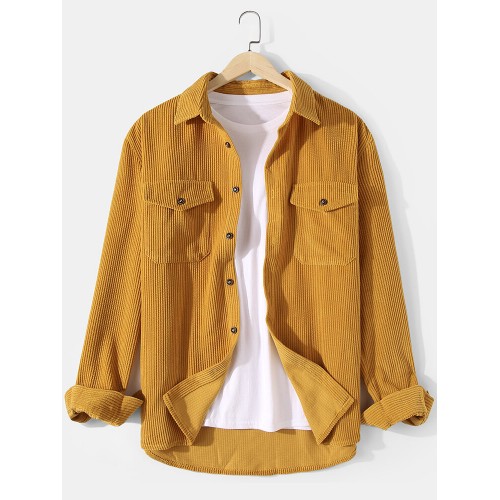 Mens Corduroy Solid Color Relaxed Fit Long Sleeve Shirts With Flap Pockets
