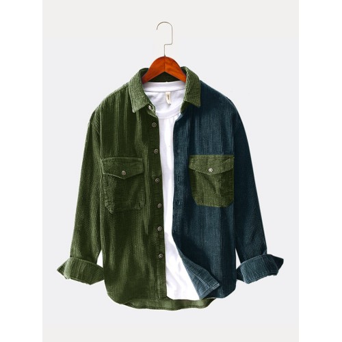 Mens Patchwork & Double Pocket Casual Loose Long Sleeve Shirts