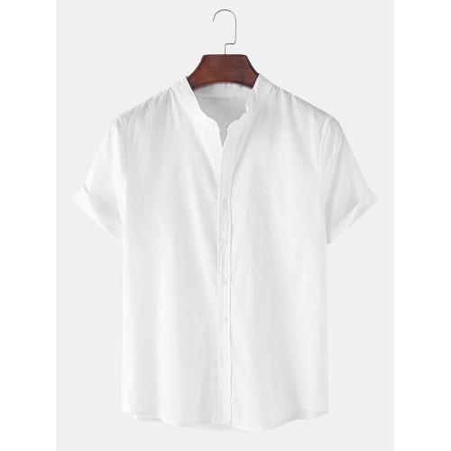 Mens Breathable Flax Stand Collar Solid Color Short Sleeve Shirt