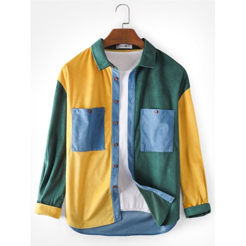 Mens Patchwork Colorblock Double Pocket Corduroy Lapel Long Sleeve Shirts