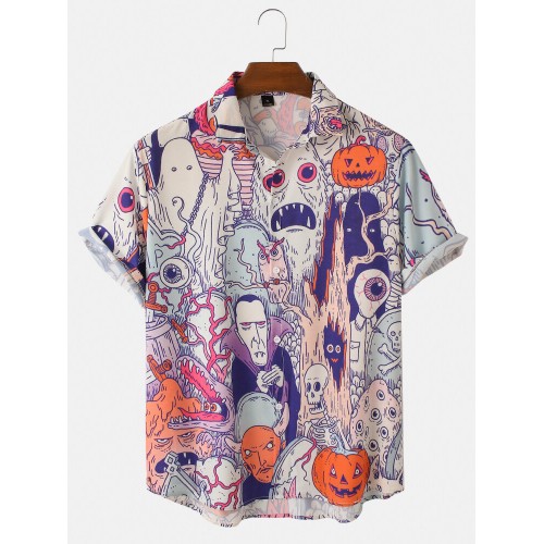 Mens Halloween Ghost Print Loose Light Casual Short Sleeve Shirts