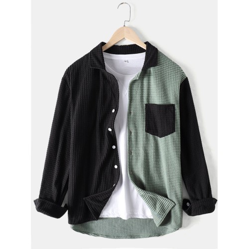 Mens Colorblock Patchwork Corduroy Lapel Long Sleeve Shirts With Pocket