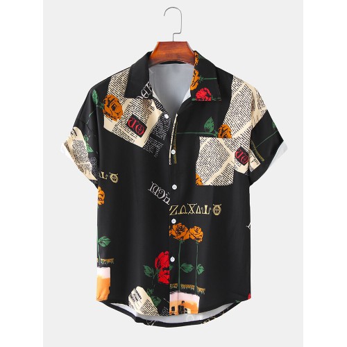 Mens Vintage Rose & Graphic Print Casual Light Short Sleeve Shirts