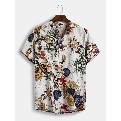 Mens Cotton Tropical Plants Print Short Sleeve Henley Shirt