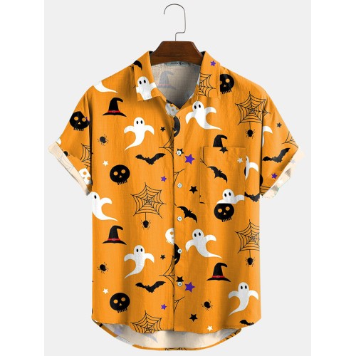 Newchic Design 3 Color Halloween Cartoon Print Turn Down Collar Short Shirts