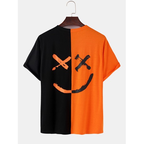Mens Contrast Patchwork Happy Face Letter Print Cotton Loose Short Sleeve T-Shirts