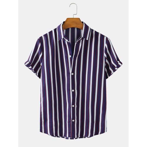 Mens Colored Stripe Printed Casual Short Sleeve Designer Shirts