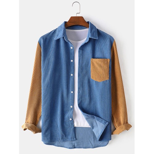 Mens Corduroy Patchwork Color Block Long Sleeve Loose Shirts With Contrast Pocket