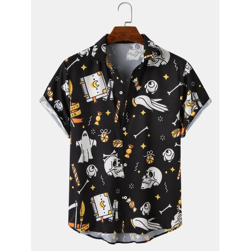 Mens Halloween Funny AllOver Skull Printing Relaxed Fit Short Sleeve Shirts