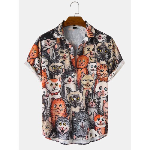 Mens Halloween Allover Funny Cat Print Casual Loose Fit Short Sleeve Shirts