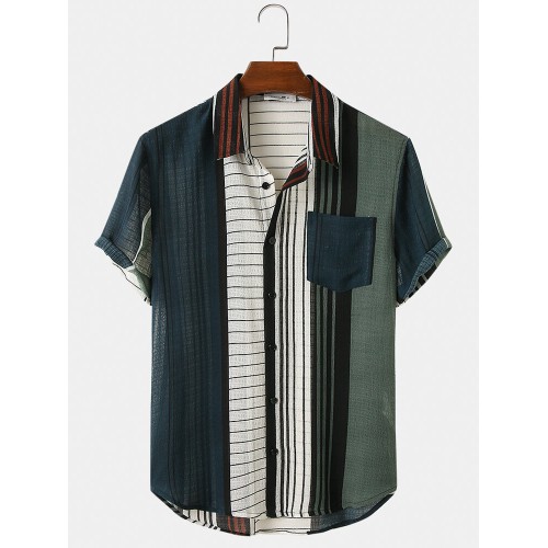 Mens Vintage Style Stripes Print Light Casual Short Sleeve Shirts
