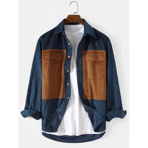 Mens Cargo Style Double Pocket Colorblock Corduroy Lapel Long Sleeve Shirts