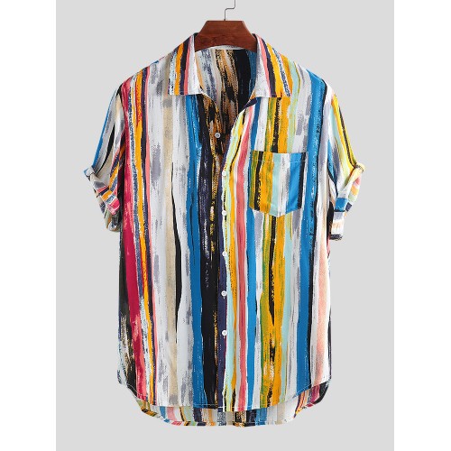 Mens Multi Color Graffiti Chest Pocket Round Hem Loose Short Sleeve Shirts