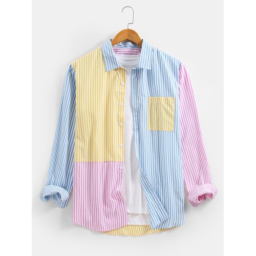 Mens Macaron Striped Patchwork Cotton Long Sleeve Shirts With Pocket