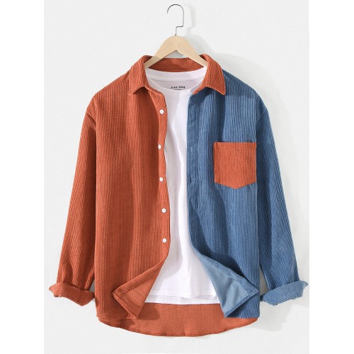 Mens Patchwork Corduroy Contrast Color Lapel Long Sleeve Shirts With Pocket