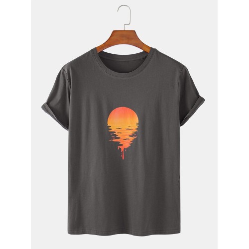 Mens 100% Cotton Sunrise Print Solid Color Breathable Loose O-Neck T-Shirts