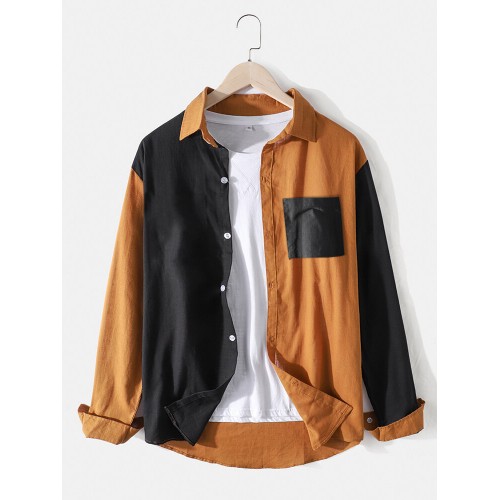 Mens Cotton Linen Contrast Patchwork Casual Long Sleeve Shirts With Pocket