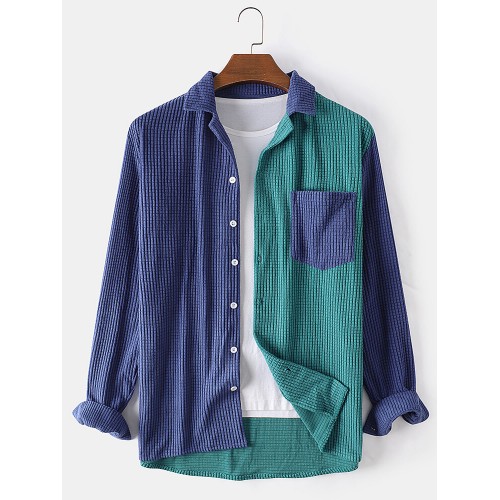 Mens Color Block Patchwork Corduroy Casual Long Sleeve Shirts With Contrast Pocket