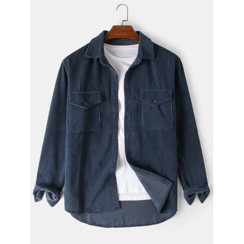 Mens Solid Corduroy Relaxed Fit Casual Long Sleeve Shirts With Flap Pockets
