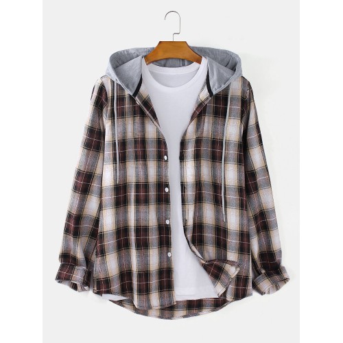 Mens Plaid Button Up Long Sleeve Casual Loose Drawstring Hooded Shirts