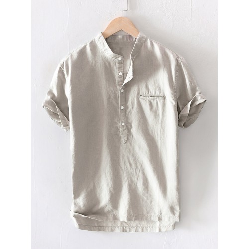 Mens Cotton Linen Stand Collar Slim Fit Short Sleeve Henley Shirt