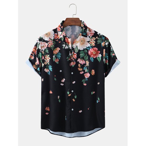 Mens Ethnic Floral Print Loose Casual Breathable Short Sleeve Shirts