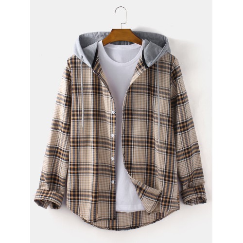 Mens Tartan Plaid Button Up Casual Long Sleeve Drawstring Hooded Shirts