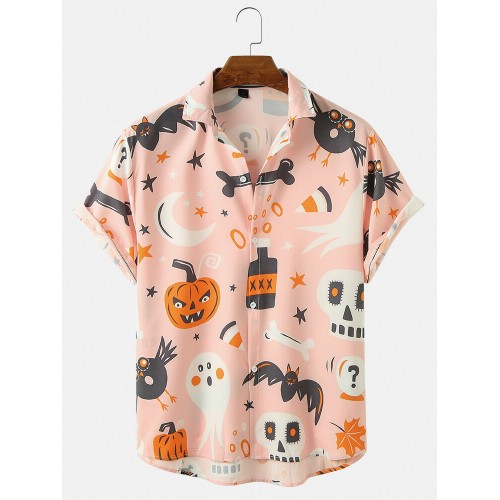 Mens Halloween Funny Skull Pumpkin Print Relaxed Fit Short Sleeve Shirts