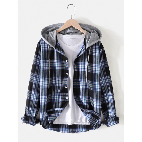 Mens Plaid Button Up Long Sleeve Casual Drawstring Hooded Shirts