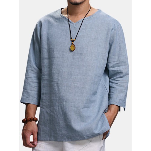 Mens Vintage Solid V-neck Half Sleeve Loose Casual T-Shirt