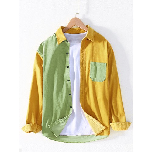 Mens Corduroy Patchwork Colorblock Lapel Curved Hem Shirts With Pocket
