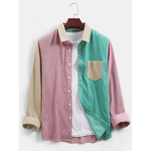 Mens Corduroy Colorblock Patchwork Casual Chest Pocket Long Sleeve Shirts