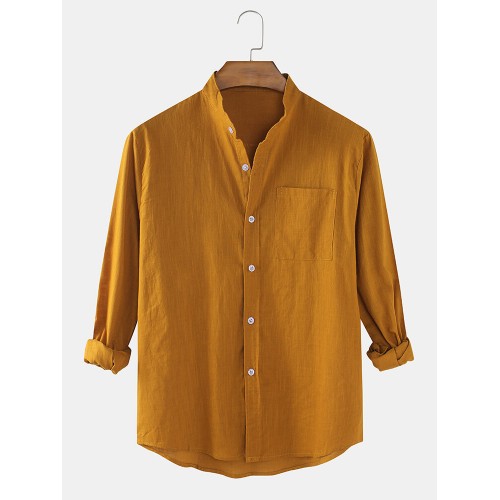 Mens Cotton & Linen Solid Color Thin Casual Long Sleeve Shirts With Pocket