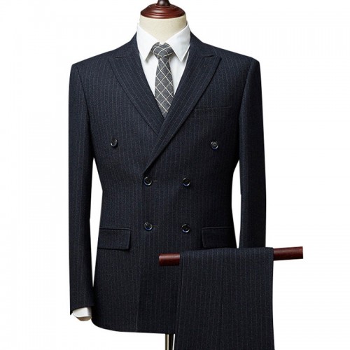 Double Breasted Notch Collar Striped Wedding Business Suit for Men Double Breasted Notch Collar Striped Wedding Business Suit for Men