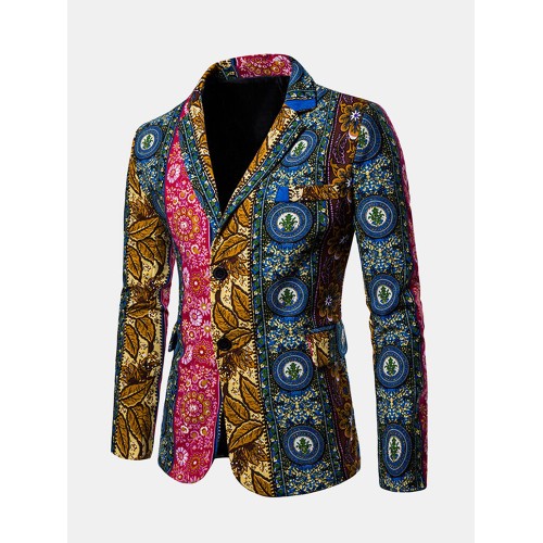 Mens Printing Casual Slim Fit Business Suits Blazer Irregular Contrast Color Suit Coat