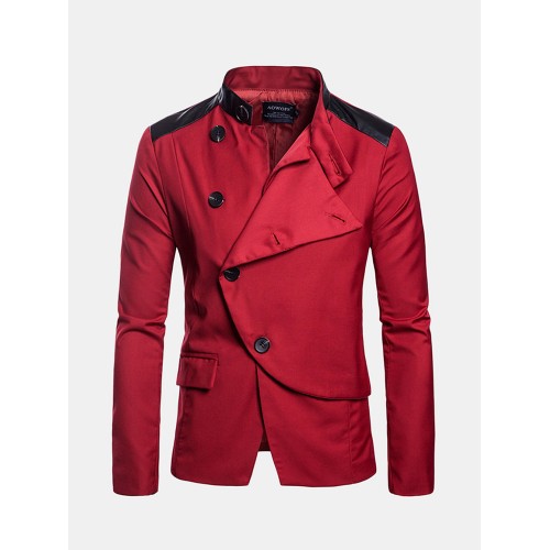 Stylish Business Big Button Featured Front Stand Collar Solid Color Blazers for Men