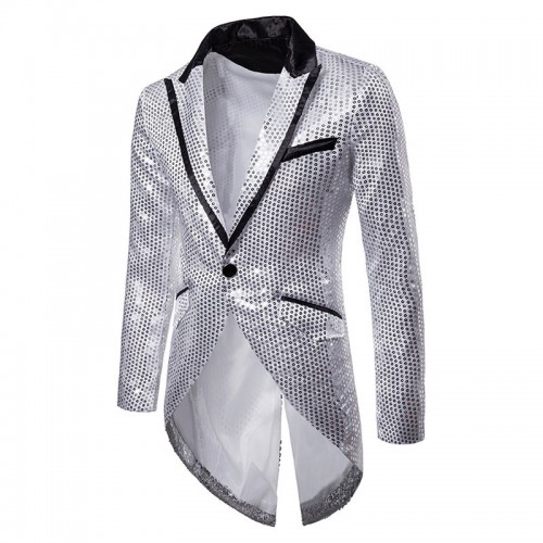 Mens Sequins Design Long Dress Suit Wedding Stage Banquet Casual Lapel Blazer Mens Sequins Design Long Dress Suit Wedding Stage Banquet Casual Lapel Blazer