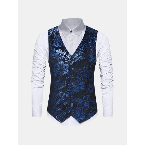 Mens Shining Floral Dress Vest Slim Fit Printing Wedding Formal Casual Suit Vest